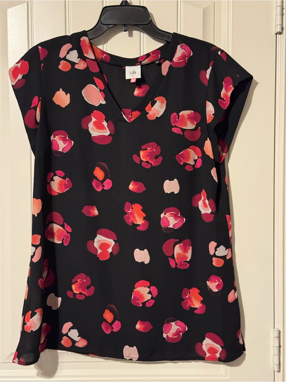 CAbi Black Floral Spot V-Neck Cap Sleeve Top
